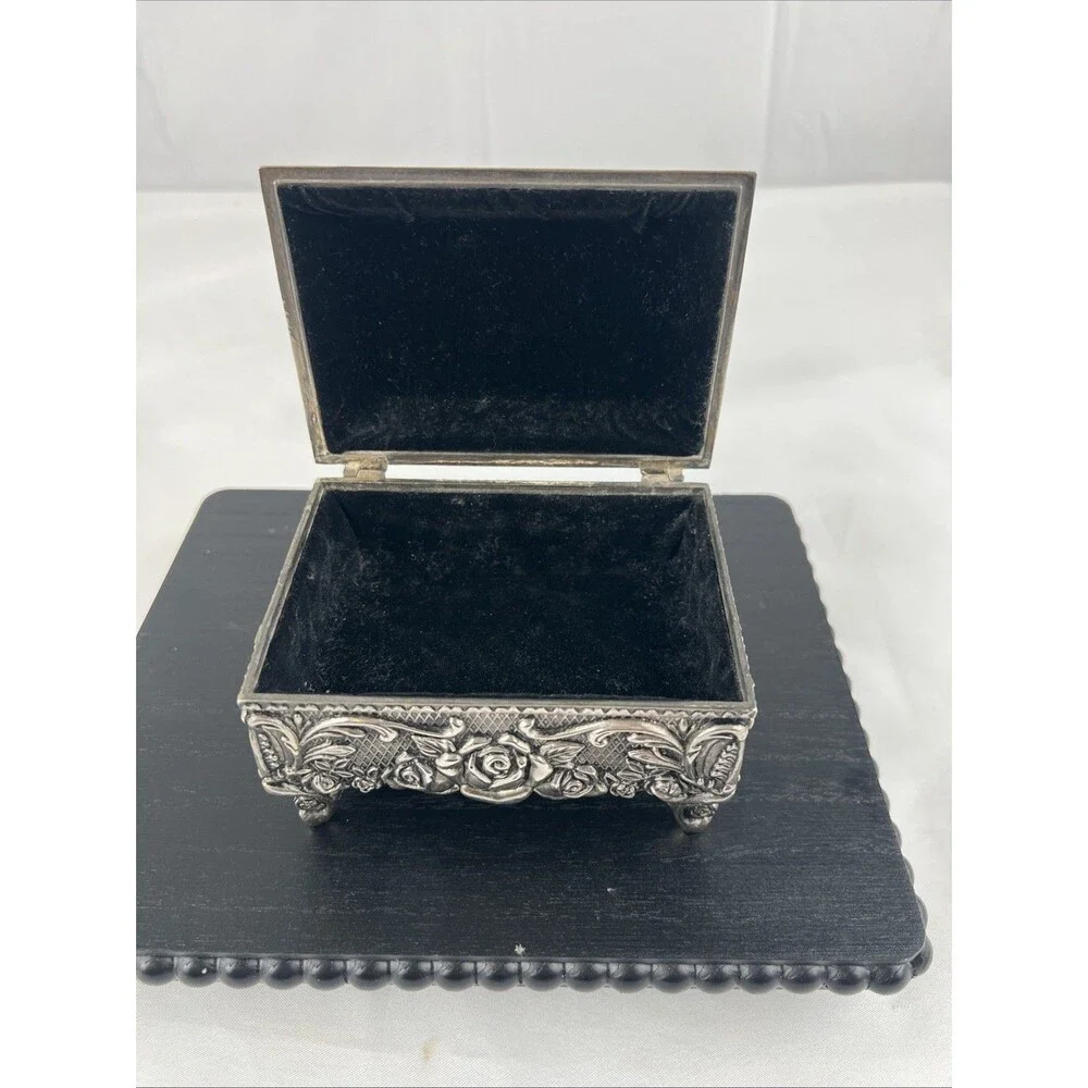 Silver Plated Pewter Rose Jewelry Box Trinket Box Velvet Lined Footed Vintage